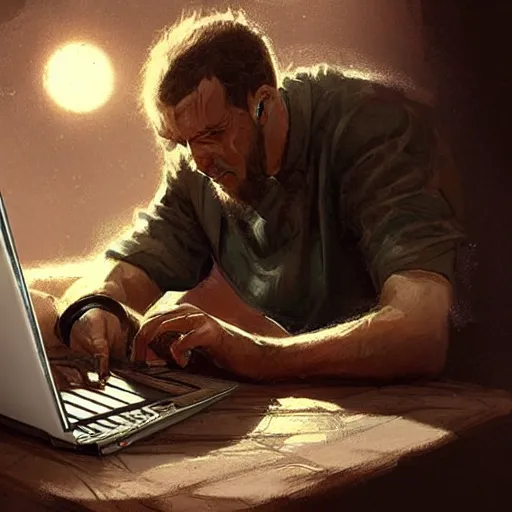 Image similar to concept art of man working on laptop at sunny beach, perfect face, fine details, by greg rutkowski