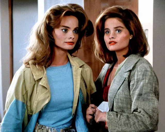 Prompt: margot robbie as lea thompson as lorraine baines in back to the future, 1985, cdx