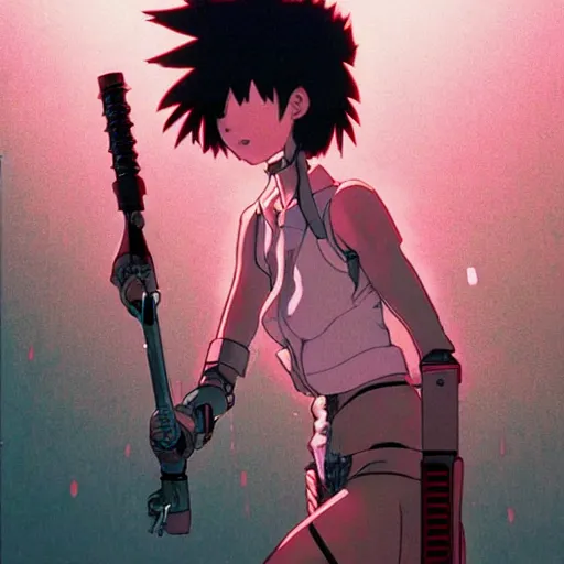 Image similar to anime of a punk cyborg woman, large knife,, water particles floating in the air, finely detailed facial features, weathered drawing, film grain, bright neon lighting, dark pastel colors, drawn by satoshi kon, katsuhiro otomo