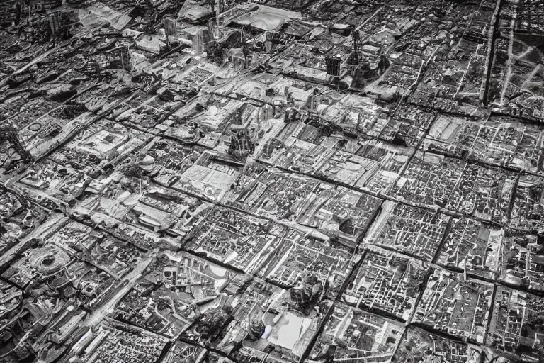 Prompt: steampunk city covered in flames, aerial shot, 120mm black and white photograph,