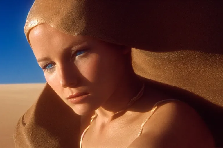 Image similar to a cinematic headshot portrait of a bikini girl in the movie dune, in a serene vast desert, film still, cinematic, movie still, dramatic lighting, 1 6 : 9 ratio