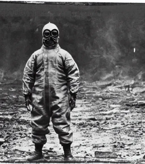 Image similar to man in a anti-radiation hazmat suit and gasmask in radioactive zone, ww1 film photo, grainy, high detail, high resolution