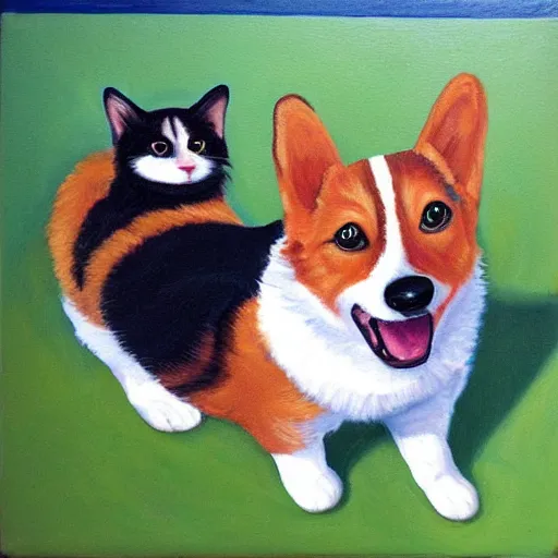 Image similar to corgi and cat fixing the website, oil painting