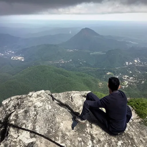 Image similar to man sitting on top peak mountain cliff looking at tsunami