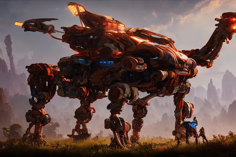 Image similar to thunderjaw machine mecanical creature robot of horizon forbidden west horizon zero dawn radiating a glowing aura global illumination ray tracing hdr fanart arstation by ian pesty and alena aenami artworks in 4 k