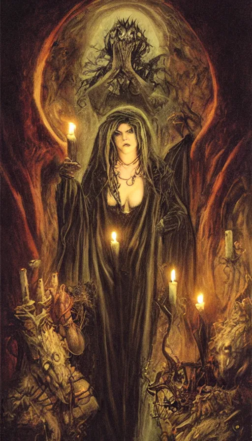 Image similar to carmilla vampire, gothic horror, by brian froud, candlelit catacombs