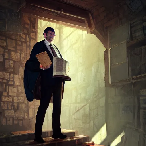 Image similar to My Favorite Portrait of a lawyer genius academician wearing a grimoire in his holding hand whilst wearing a vest of scholarship Greg Rutkowski Marc Simonetti Anato finnstark Brooklyn New York Hidden Stairway Hidden Alcove Visible Alleyway 4k Artstation Background Wallpaper 1080p