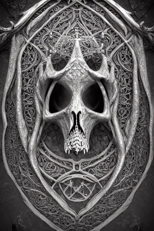 Prompt: extremely 3 d render detailed intricate ornate metallic bone carved concept art of hooded necromancer in front of a lovecraft portal