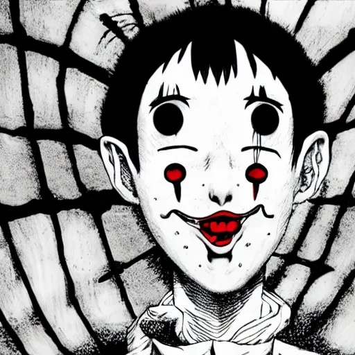 Prompt: junji ito's It (2018), manga panel, clown, black and white,