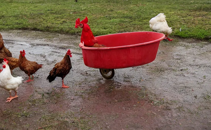 Image similar to a scene with a red wheel barrow where chickens are walking around in the rain.