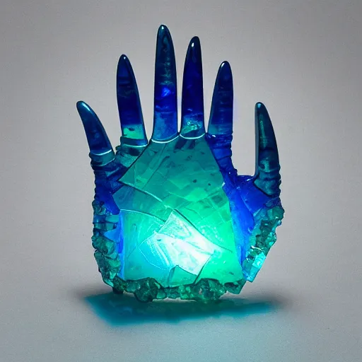 Image similar to “crystal hand sculpture made from iridescent translucent gemstone, 35 mm product photo”