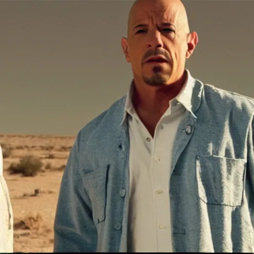 Image similar to a still of Breaking Bad featuring Vin Diesel with a goatee as Walter White, 1986 Fleetwood Bounder RV in the desert background, realistic, cinematic, high detail