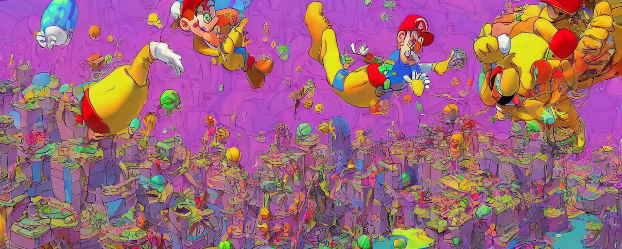 Image similar to ultra detailed surreal moebius 2 d illustration of super mario having psychedelic acid trip on lsd hypnotic fractals by moebius and sergey kolesov and ruan jia and heng z. graffiti art, scifi, fantasy, hyper detailed. octane render. concept art. trending on artstation