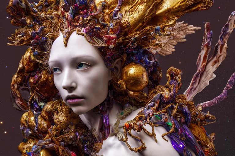 Image similar to Cinestill of A heartbreaking realistic 8k Bernini Sculpture of a stunning intricate cracked multicolored milky cosmic marble Evangelion Fallen Angel Devil Queen adorned in sentient mycelium mystical jewelry and ancient Empress crown and misty xparticles. by Yoshitaka Amano, Daytoner, Greg Tocchini, Scattered golden flakes, Hyperrealism. Subsurface scattering. Octane Render. Weirdcore, perfect face