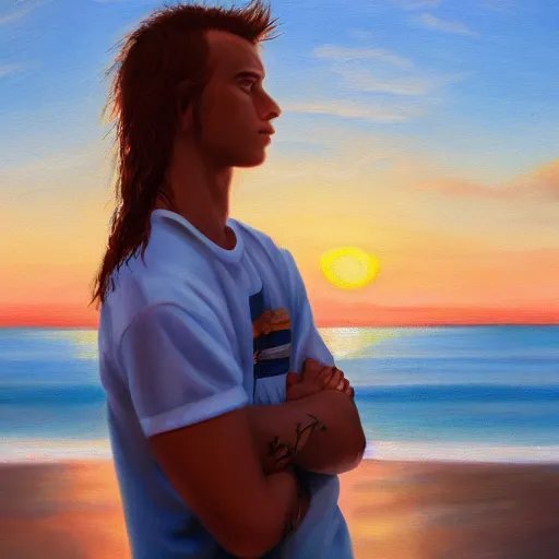 Image similar to a teen guy with a mullet, portrait, sunset, ocean in distance, oil painting, pale colors, high detail, 8 k, wide angle, trending on artstation,
