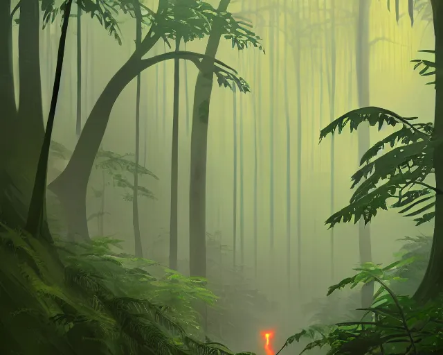 Prompt: glowing eyes in dark rainforest bushes, makoto shinkai, darkness, raining night, storm, tom whalen, artstation