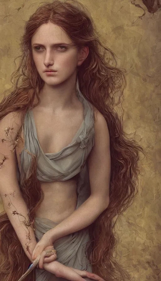 Image similar to An extremely beautiful pre-raphaelite ornate portrait of a young attractive woman with a beautiful bone structure, professionally painted digital art illustration, smooth, sharp focus, atmospheric lighting, highly detailed illustration highlights, golden ratio, extremely detailed winning award masterpiece, 8K post-processing