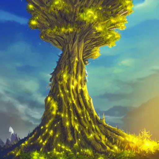 Prompt: a screenshot of a towering urdtree. it is glowing yellow, beautiful scenery, professional artwork, artstation