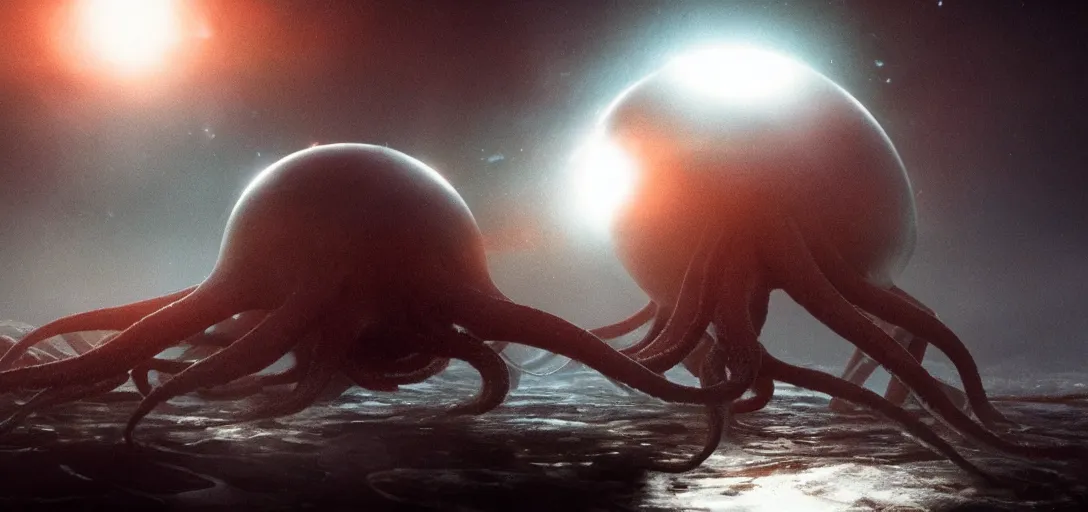 Image similar to an octopus consuming a solar system, foggy, cinematic shot, photo still from movie by denis villeneuve, wayne barlowe