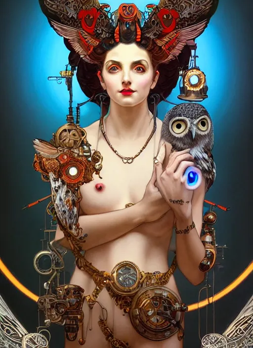 Image similar to the goddess artemis smirking with mechanical owl perched on her shoulder, steampunk, glowing eyes, volumetric lights, red and cyan theme, art nouveau botanicals, intricate, highly detailed, digital painting, artstation, concept art, smooth, sharp focus, cinematic, illustration, beautiful face, art by artgerm and greg rutkowski and alphonse mucha