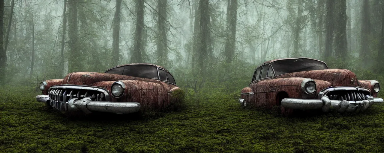 Prompt: Photograph of an abandoned rusty 1950's Buick in a misty forest, overgrown with moss, realistic octane render, 8k, ultra detailed, muted colors