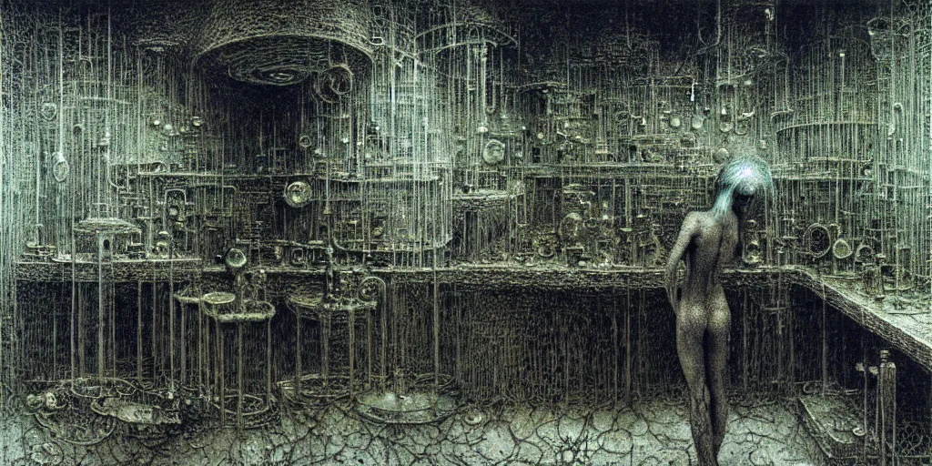 Image similar to detailed laboratory of alchemist and mage by Beksinski, Luis Royo