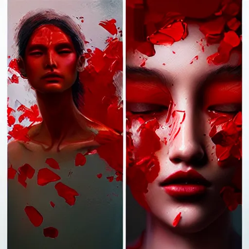 Image similar to 3 d, fashion models looks into the frame, red tears, intricate oil painting, high detail, figurative art, multiple exposure, poster art, 3 d, by tooth wu and wlop and beeple