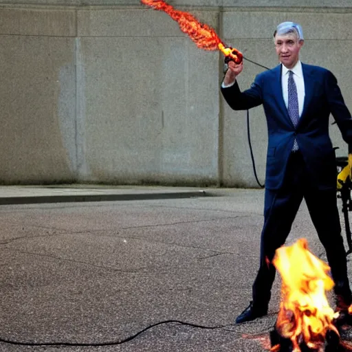 Prompt: photo of Jerome Powell using a flamethrower