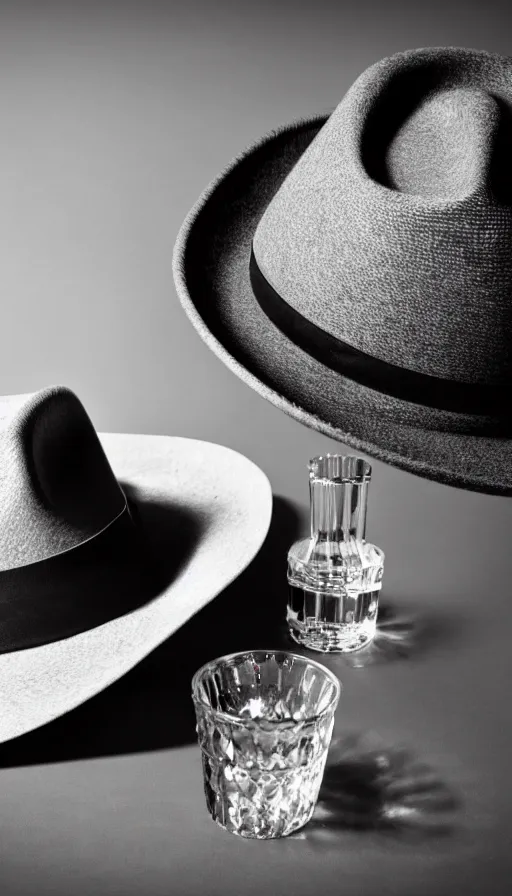 Prompt: a gray fedora sits on a dark wood bar near a window, streetlight beams through the window, a smoky haze in the air, next to the hat is a cut crystal rocks glass with some bourbon in it, next to it is a toy ray gun, film noir lighting, 8K