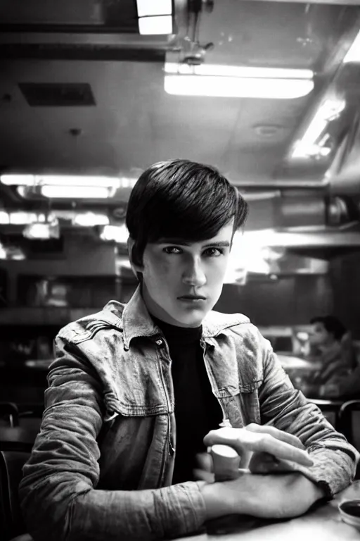 Image similar to an ultra high definition telephoto portrait cyberpunk 7 0 s diner film set photograph of a young man with short messy brown hair triangle head puffy cheeks narrow chin high cheek bones confused expression. wide angle close up. three point lighting. volumetric. refraction. imagined detail. soft focus ambient light sources. haze, light glare, art directed. filmic.