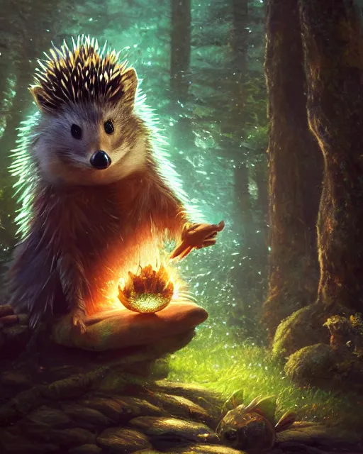 Image similar to oil painting of a Anthropomorphized hedgehog shaman casting nature spell, magical glow, sharp focus, heroic pose, fantasy style, octane render, volumetric lighting, 8k high definition, by greg rutkowski, highly detailed, trending on art Station, magic the gathering artwork, Woodland background, centered