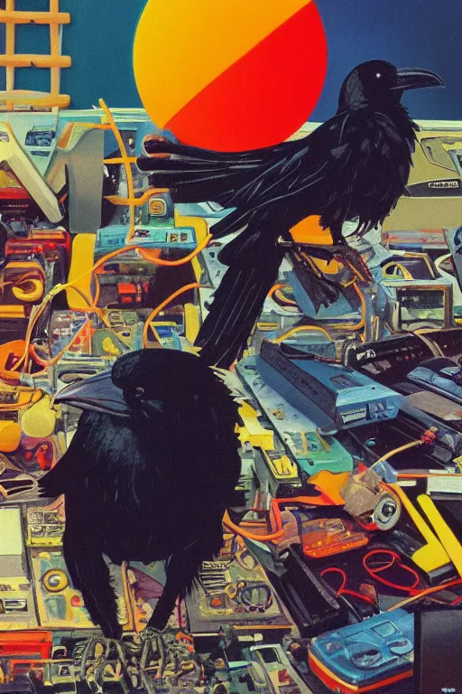 Image similar to a raven digging through 8 0 s era technology, vintage shapes, retro technology, happy color, wayne barlow, oil on canvas, deep depth of field, masterpiece, cinematic composition, hyperdetailed