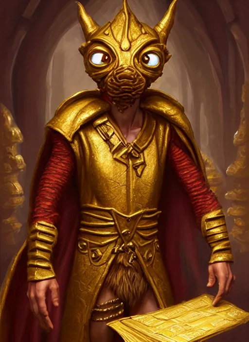 Image similar to a _ fantasy _ style _ portrait _ painting _ of a humanoid gold kobold male in wizard robes in a merchant store, oil _ painting _ unreal _ 5 _ daz. _ rpg _ portrait _ extremely _ detailed _ artgerm _ greg _ rutkowski _ greg