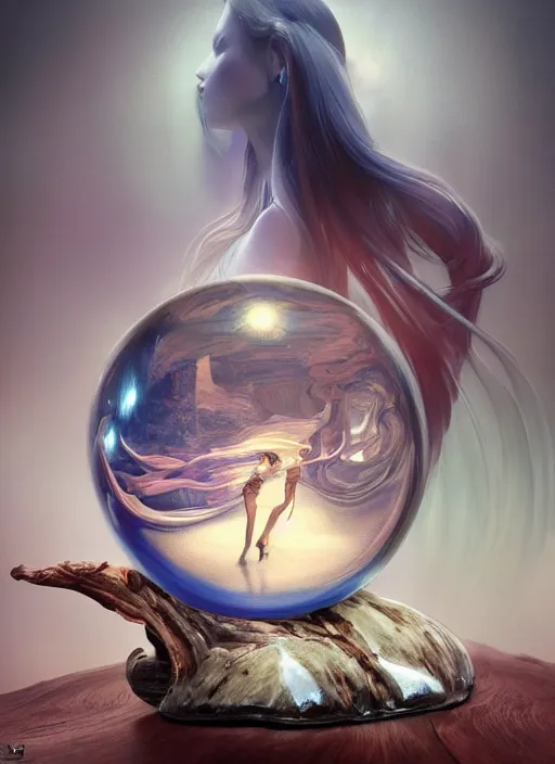 Image similar to crystal ball on a wood stand with a beautiful dreamscape inside, studio product photography, centered, super highly detailed, professional digital painting, artstation, concept art, smooth, sharp focus, extreme illustration, unreal engine 5, photorealism, beautiful, cinematic, art by artgerm and rutkowski and alphonse mucha and loish and wlop