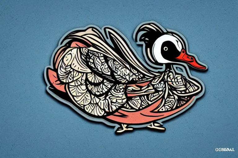 Image similar to a sticker illustration of a smoking duck in lowbrow art style, highly detailed, elegant, intricate