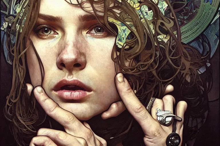 Image similar to hyper realistic portrait of british singer songwriter, by lee bermejo, alphonse mucha and greg rutkowski