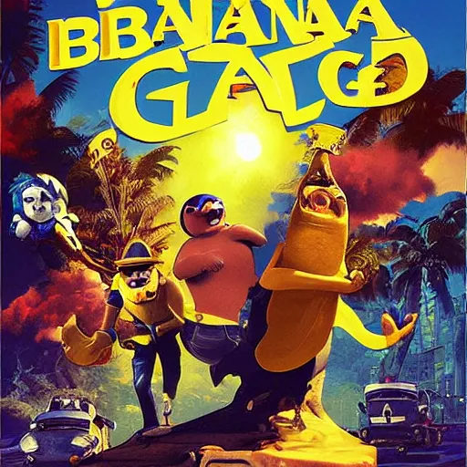 Prompt: The Banana Blue Gang, game poster printed on playstation 2 video game box , Artwork by Craig Mullins, cinematic composition