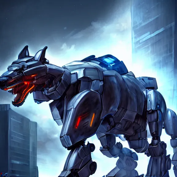 Image similar to hyper realistic, epic, highly detailed cinematic full body shot of a feral mecha canine, sharp claws, sleek armor, glowing visor, destroying city, digital art, furry art, dragon art, zoids art, furaffinity, deviantart, sofurry