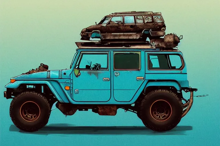 Image similar to digital illustration of a futuristic faded cyan mad max's fj 4 0 decrepit!!!! pursuit special, rusty!!! cyberpunk nissan fj cruiser heavily modded 1 9 9 0 s, the last v 8 interceptor by makoto shinkai, ilya kuvshinov, lois van baarle, rossdraws, basquiat