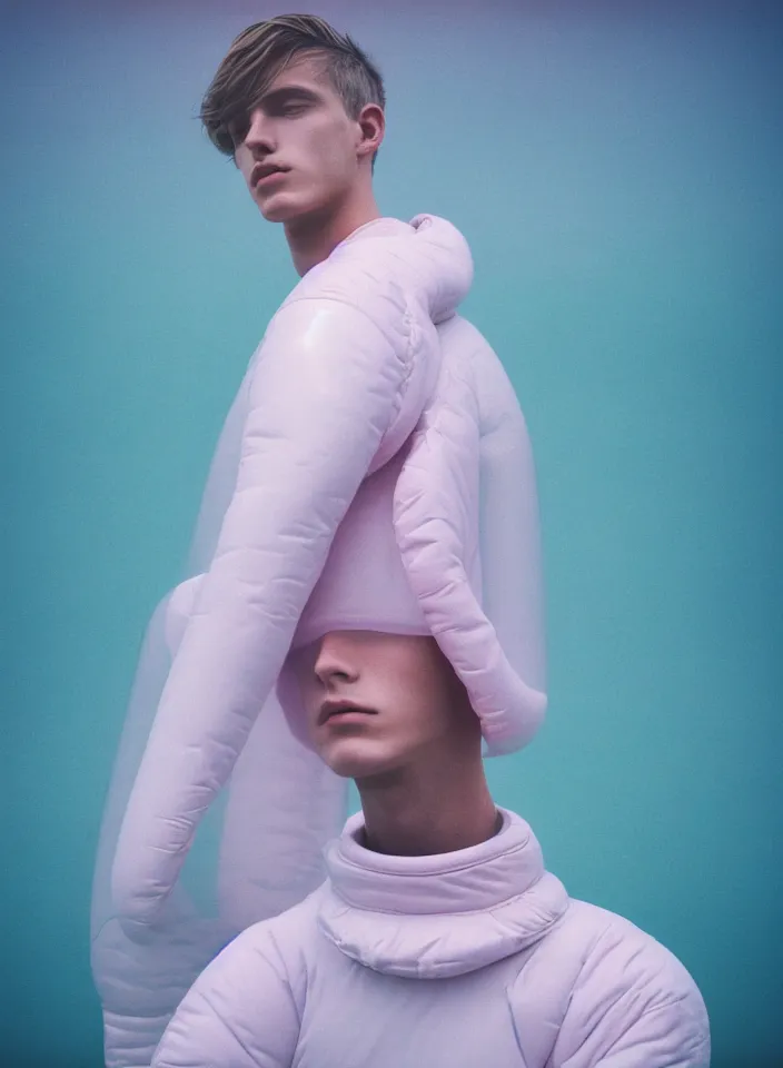 Image similar to high quality pastel coloured film portrait photograph of a beautiful young 2 0 year old male, soft features, short hair, wearing perspex space suit and oversized inflated clothing!! icelandic black rock pool environment. atmospheric three point light. photographic. art directed. ( pastel colours ). volumetric. clearcoat. waves. 8 k. filmic.