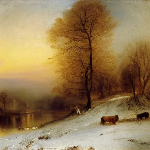 Prompt: rural winter scene by jmw turner, evening light, oil on canvas