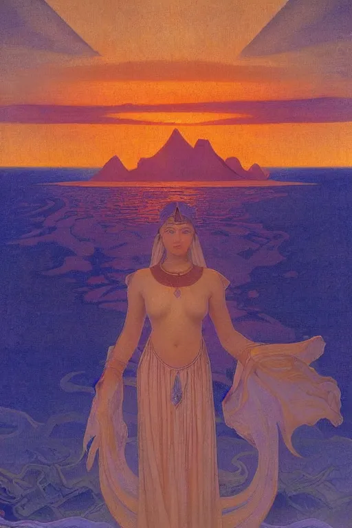 Prompt: queen of the sunset sea, by Nicholas Roerich and jean delville and Maxfield Parrish, dramatic cinematic lighting , ornate headdress , lost civilizations, extremely detailed