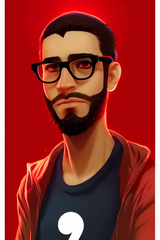 Prompt: character art by ilya kuvshinov, young ducktail bearded middle eastern american male with wayfarer glasses and red cap, on fire, fire powers