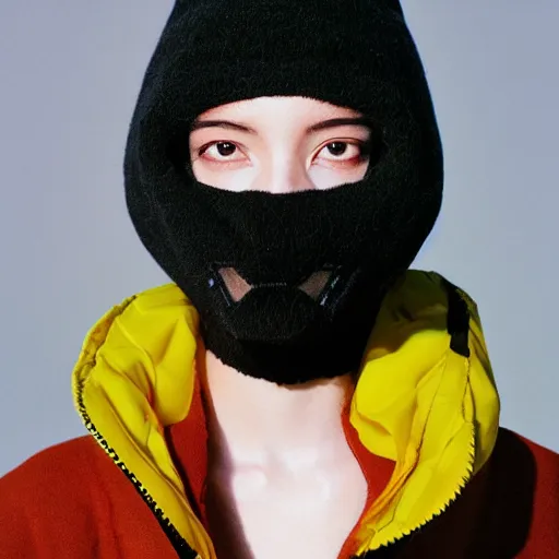 Image similar to realistic! photoshoot for a new balenciaga lookbook, color film photography, portrait of a beautiful woman wearing a balaclava puffer mask, photo in style of tyler mitchell, 35mm lens