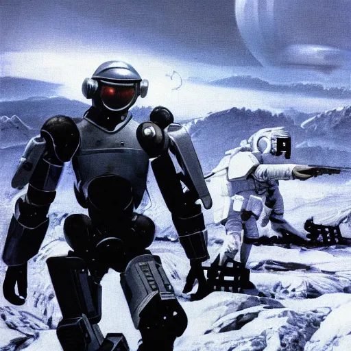 Image similar to photograph of an stern old man wearing futuristic gray heavy exosuit armor with navy blue detailing holding a white plastoid shield in his left hand and a blaster in his right hand. in the background there is a scifi battle taking place with trenches and force - field generator trucks and laser machineguns on a rolling green plains with snowcapped mountains in the distance. science fiction.