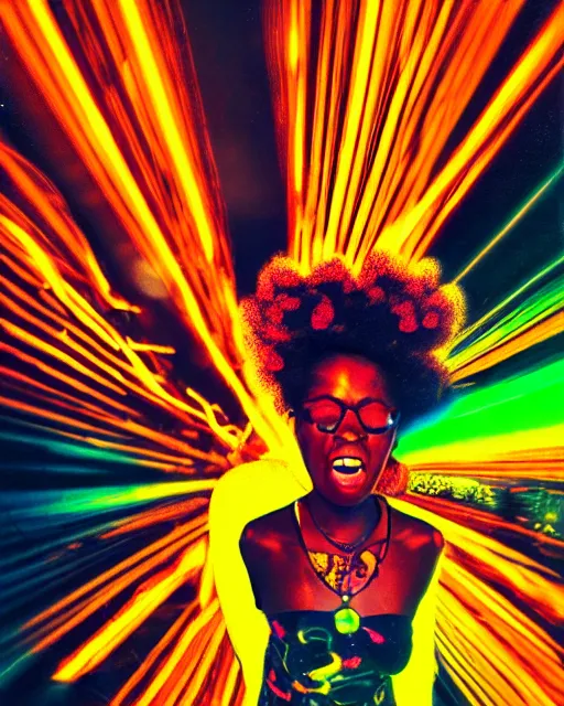 Prompt: portrait of black girl having an orgasm eyes closed, colorized neon lights, explosion of light, hyperealistic detailed photography polaroid, 5 0 mm lens, motion blur, grainy image,, alexander mcqueen, art nouveau fashion, steampunk, mandelbrot fractal