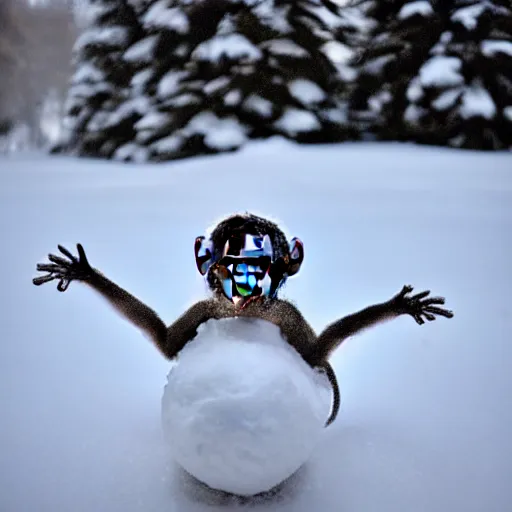 Image similar to beatiful photograph of non-ending snow, monkey sitting in the center whilst holding a snowball in its arms