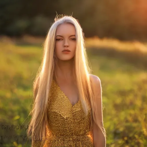 Prompt: elegant young female, long blonde hair and large eyes, finely detailed perfect face, standing in the grass at sunset, golden hour sunset lighting,