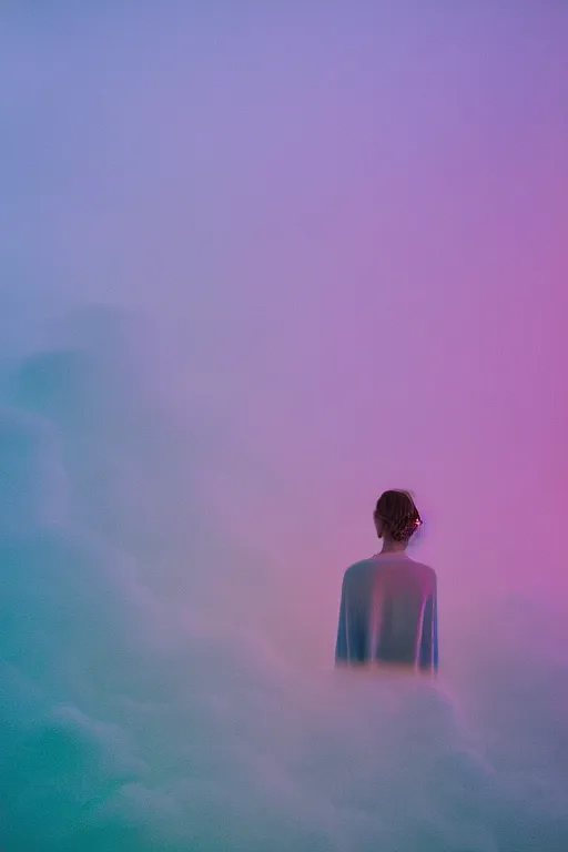 Image similar to high quality pastel coloured film close up wide angle photograph of a model wearing clothing resting on cloud furniture in a icelandic black rock!! environment in a partially haze filled dreamstate world. three point light, rainbow. photographic production. art directed. pastel colours. volumetric clouds. pastel gradient overlay. waves glitch artefacts. extreme facial clarity. 8 k. filmic.