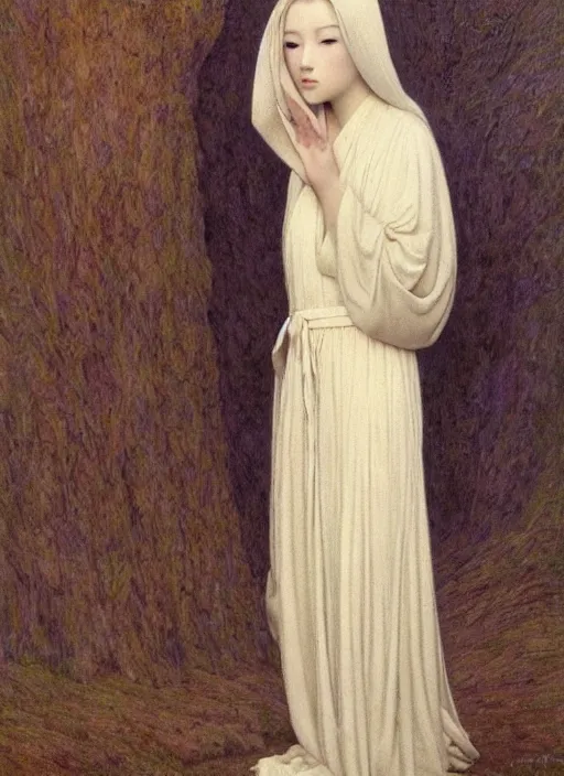 Prompt: thin young beautiful girl with silver hair, pale!, wearing robes, wearing hair, female goddess, pale smooth, young cute wan asian face, silver robes!!, oil on canvas by jean delville, 4 k resolution, aesthetic!,